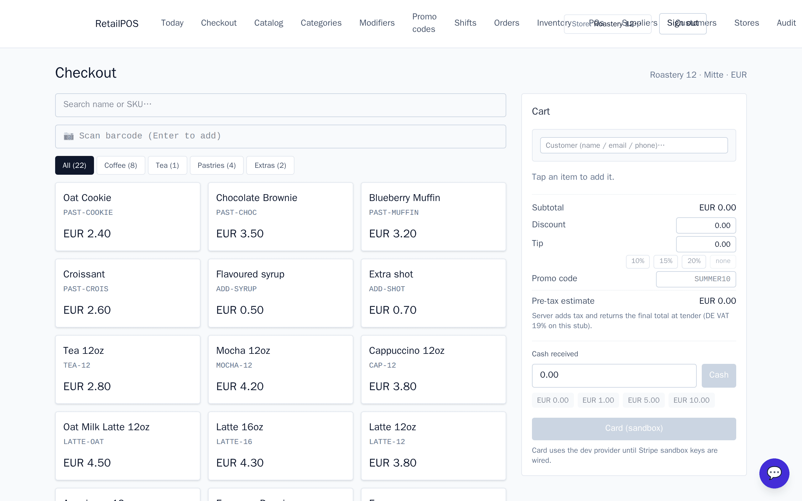 RetailPOS checkout register: item grid, running cart with line items, and tender buttons for cash, card and split payment.