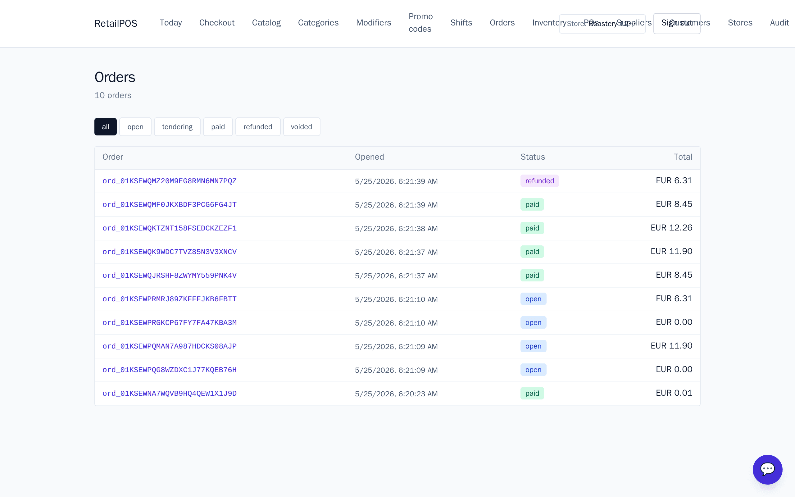 Order list with status filter chips and rows showing paid, refunded, and open statuses.